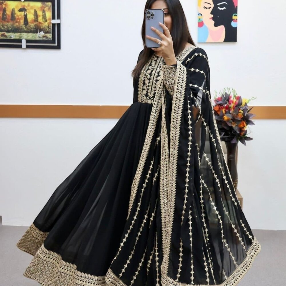 Black Gown with Sequin Embellishments and Embroidery - Luxury Evening Wear